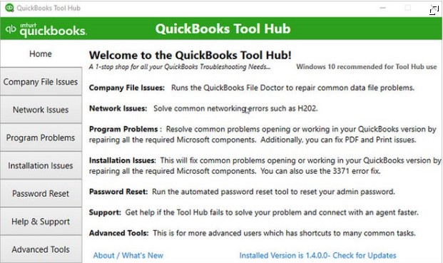QuickBooks Tool Hub Home Screen - Image