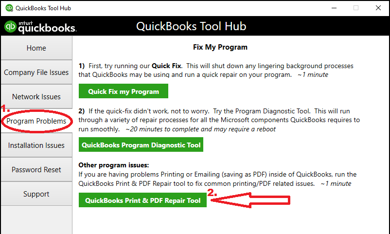 QuickBooks PDF and Print Repair Tool from QuickBooks tool hub - Screenshot