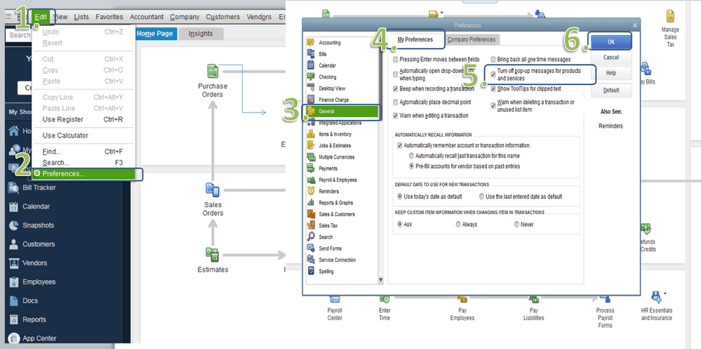 Turn off auto pop-ups in QuickBooks preferences - Image