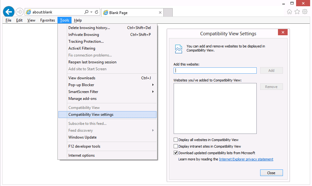 Configure the internet explorer browser in the compatibility view - Image