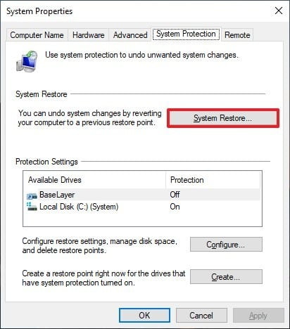 System Restore Point in Windows